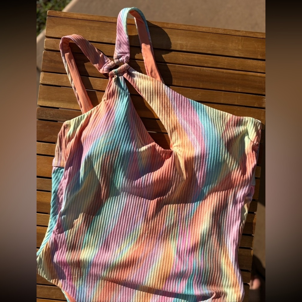 LARGE NWT Asymmetrical Pastel Striped Women's One Piece Bikini pink multi color - Picture 3 of 6